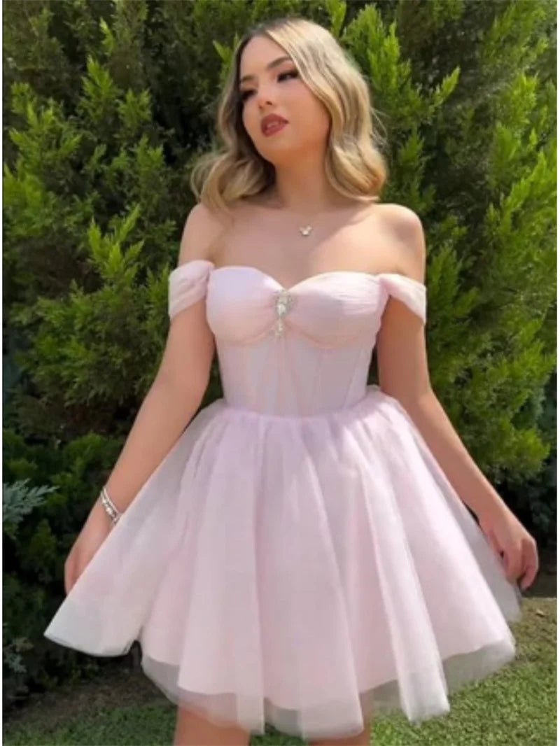 Elegant Sparkly Tulle Homecoming Off Shoulder Teens Puffy Sweetheart A Line Prom Mini Dresses