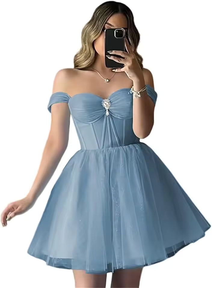 Elegant Sparkly Tulle Homecoming Off Shoulder Teens Puffy Sweetheart A Line Prom Mini Dresses