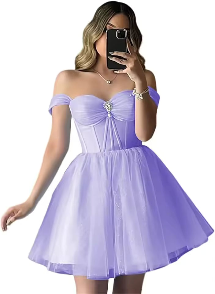 Elegant Sparkly Tulle Homecoming Off Shoulder Teens Puffy Sweetheart A Line Prom Mini Dresses