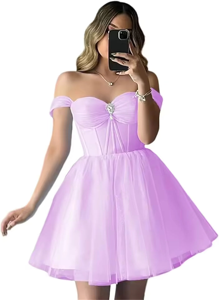 Elegant Sparkly Tulle Homecoming Off Shoulder Teens Puffy Sweetheart A Line Prom Mini Dresses