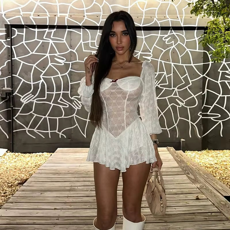 Elegant Splice Sweet Slim Pleated Bows Lace Stapless Long Sleeve Mini  Dress