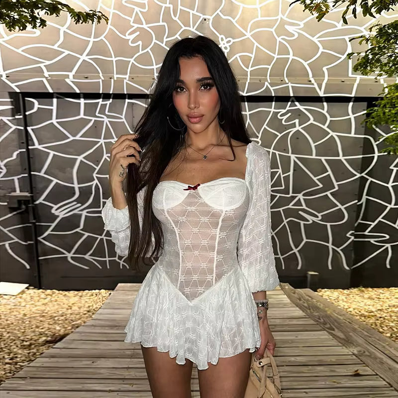 Elegant Splice Sweet Slim Pleated Bows Lace Stapless Long Sleeve Mini  Dress