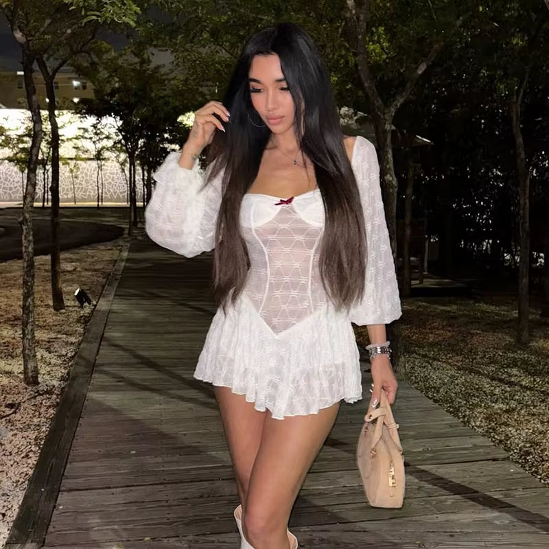 Elegant Splice Sweet Slim Pleated Bows Lace Stapless Long Sleeve Mini  Dress