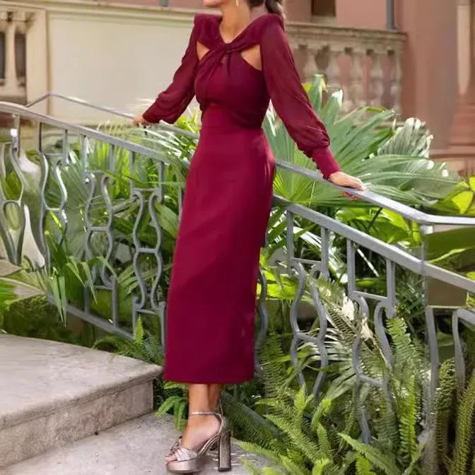 Elegant Spliced Hollow Backless Solid Color Loose Long Sleeve Long Skirt