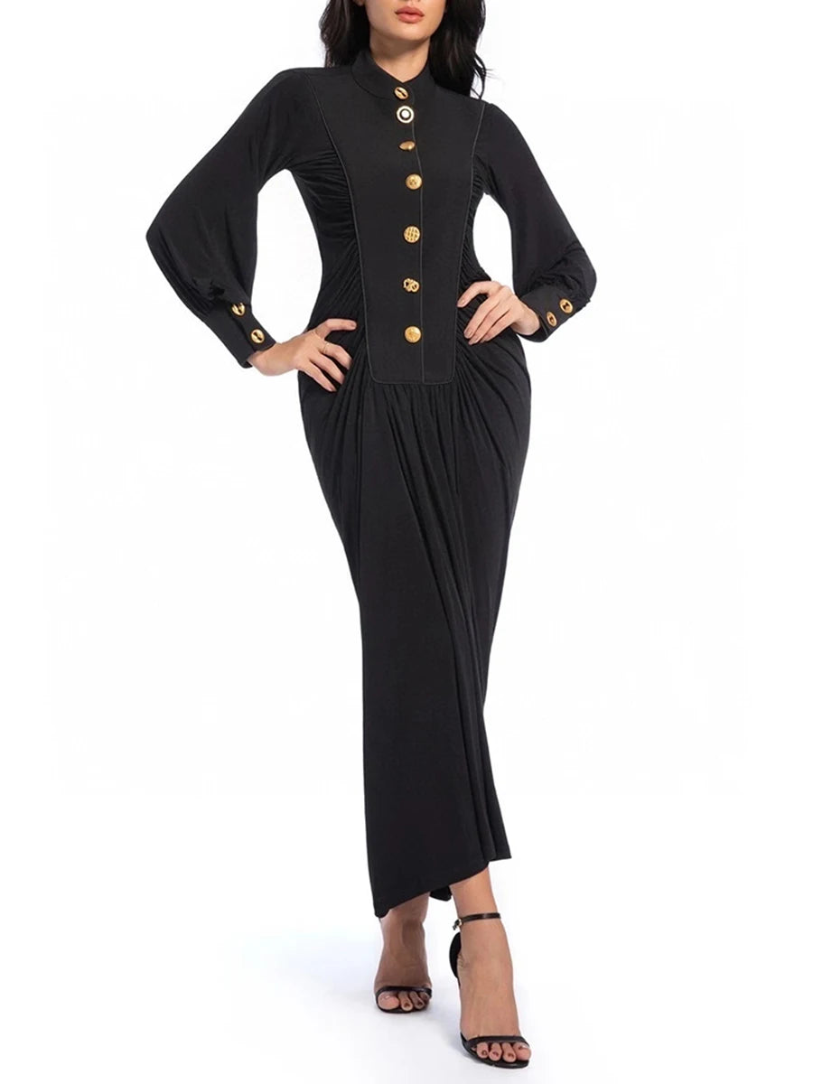 Elegant Spliced Single Breasted O Neck Long Sleeves Patchwork Folds Dress