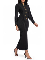 Elegant Spliced Single Breasted O Neck Long Sleeves Patchwork Folds Dress