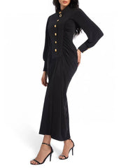 Elegant Spliced Single Breasted O Neck Long Sleeves Patchwork Folds Dress