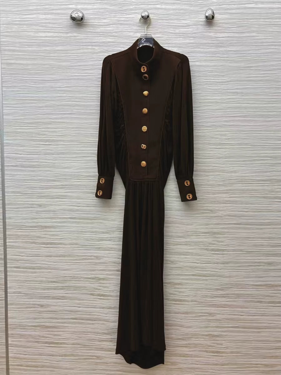 Elegant Spliced Single Breasted O Neck Long Sleeves Patchwork Folds Dress
