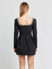 Elegant Sqaure Neck Long Sleeves Contrast Trim Graduation Mini Dresses