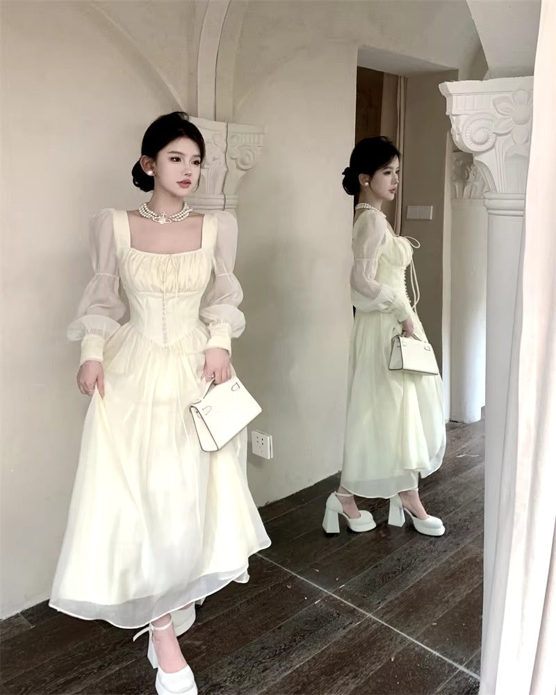 Elegant Square Collar A-line Lace Princess Party Dress One Piece