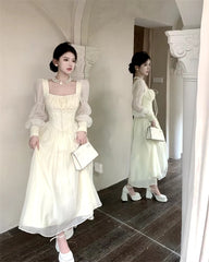 Elegant Square Collar A-line Lace Princess Party Dress One Piece