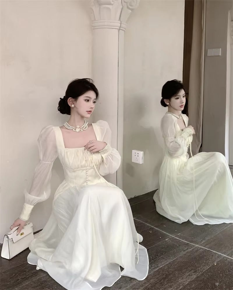 Elegant Square Collar A-line Lace Princess Party Dress One Piece