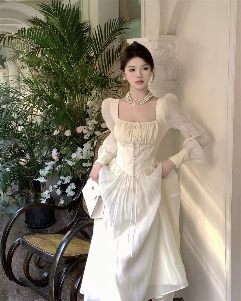 Elegant Square Collar A-line Lace Princess Party Dress One Piece