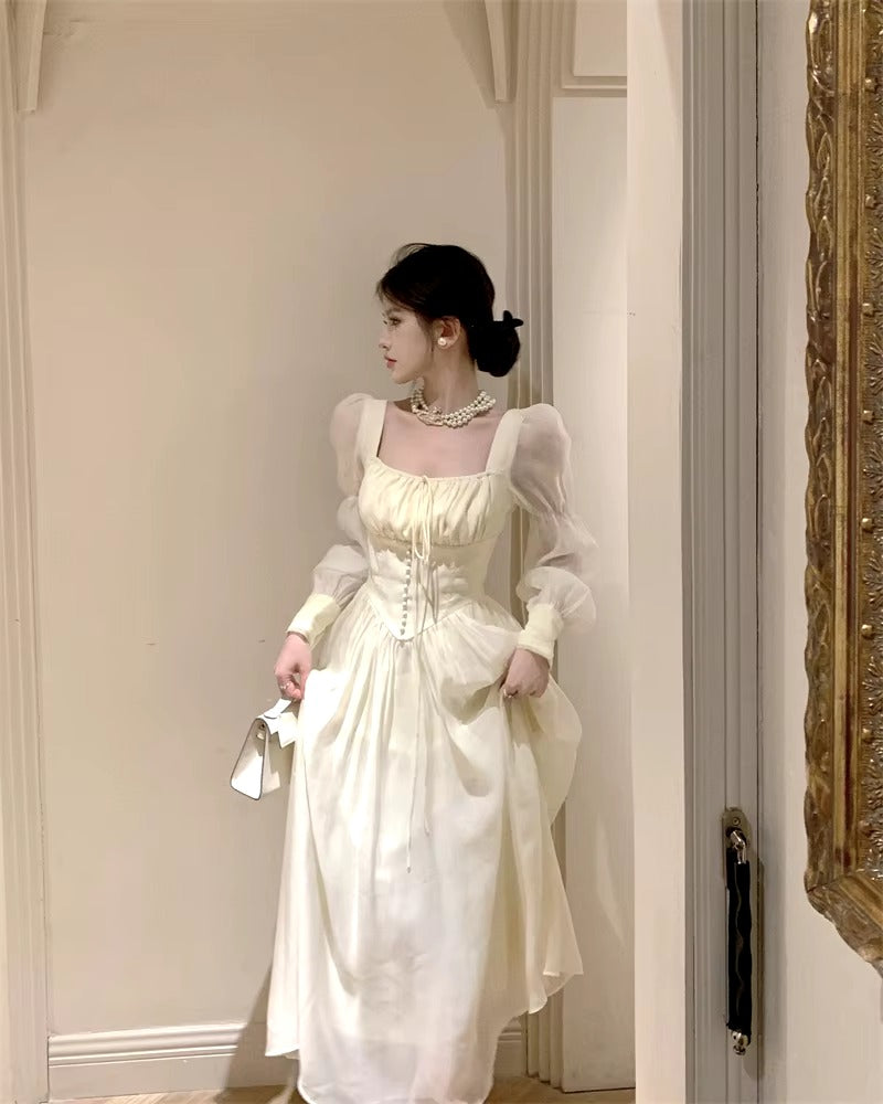 Elegant Square Collar A-line Lace Princess Party Dress One Piece