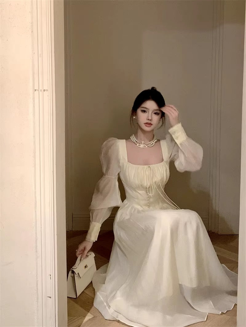 Elegant Square Collar A-line Lace Princess Party Dress One Piece