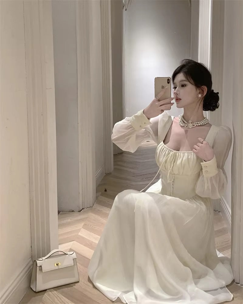 Elegant Square Collar A-line Lace Princess Party Dress One Piece