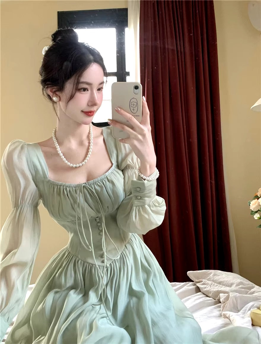 Elegant Square Collar A-line Lace Princess Party Dress One Piece