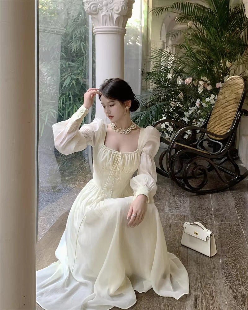 Elegant Square Collar A-line Lace Princess Party Dress One Piece