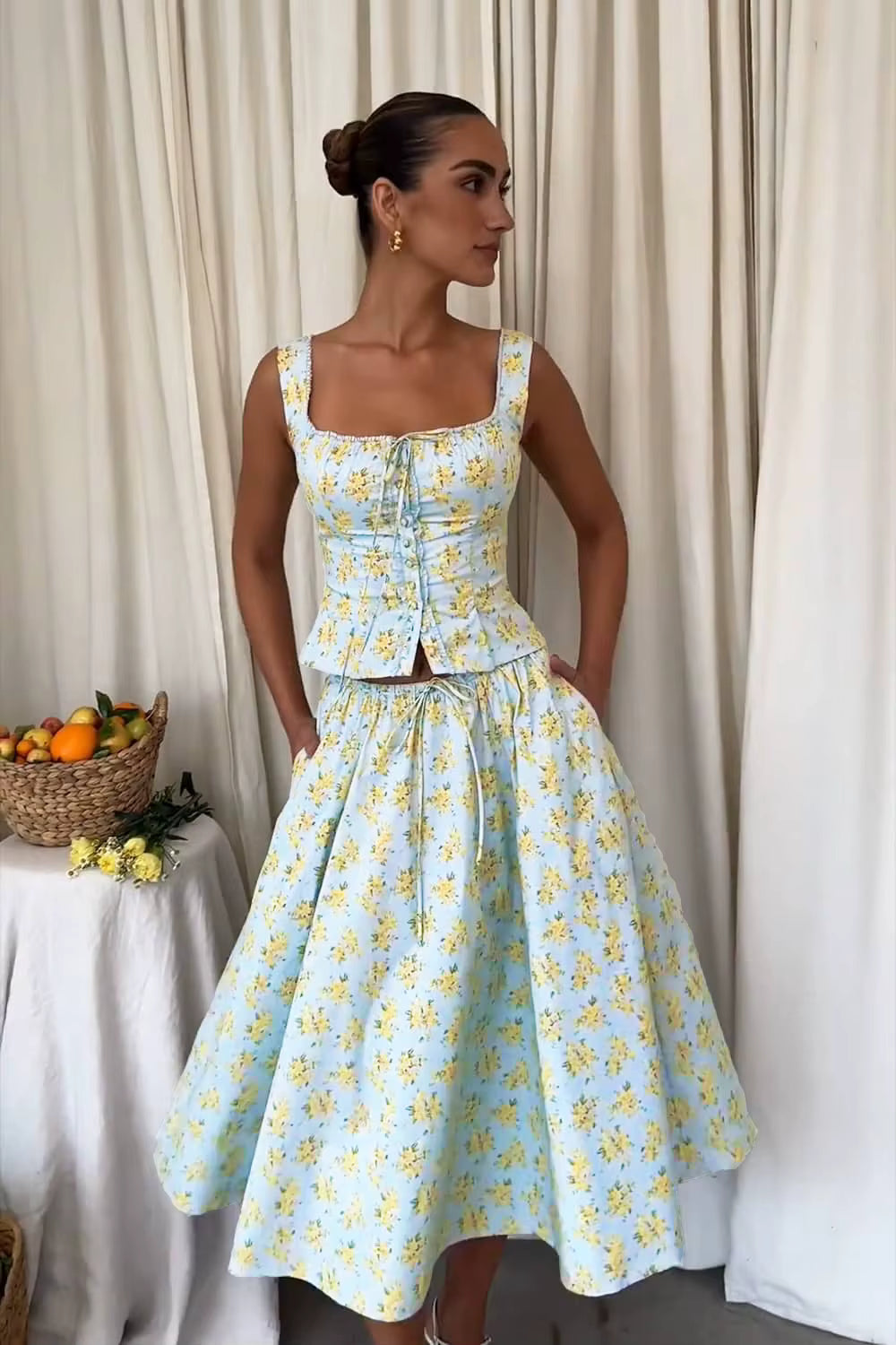 Elegant Square Collar And Button Fly Floral Printed 2 Piece Midi Dress