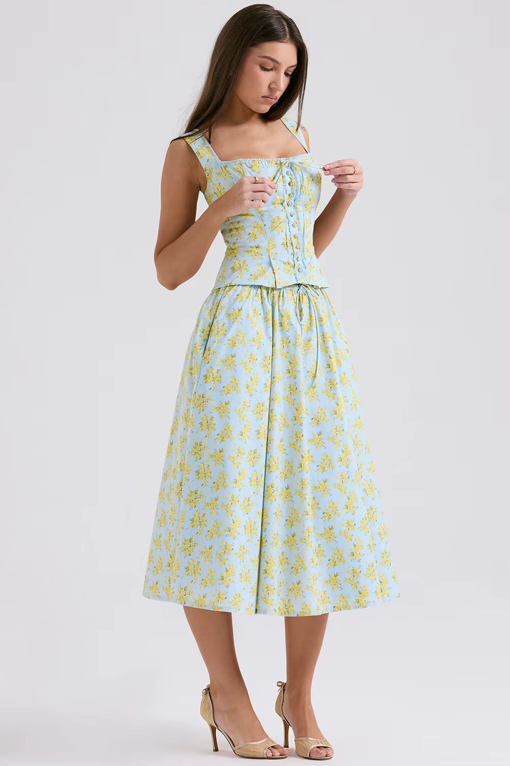 Elegant Square Collar And Button Fly Floral Printed 2 Piece Midi Dress