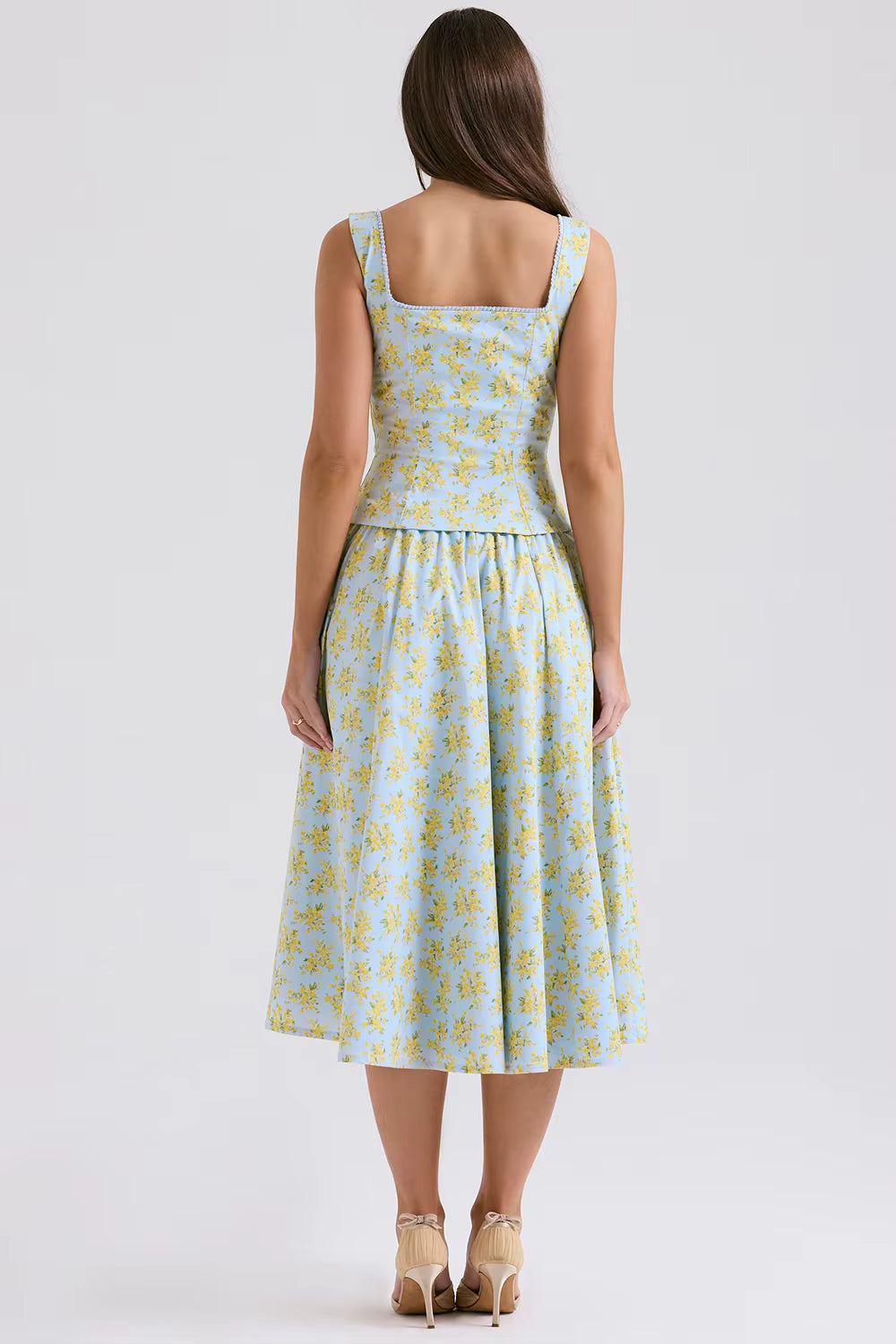 Elegant Square Collar And Button Fly Floral Printed 2 Piece Midi Dress