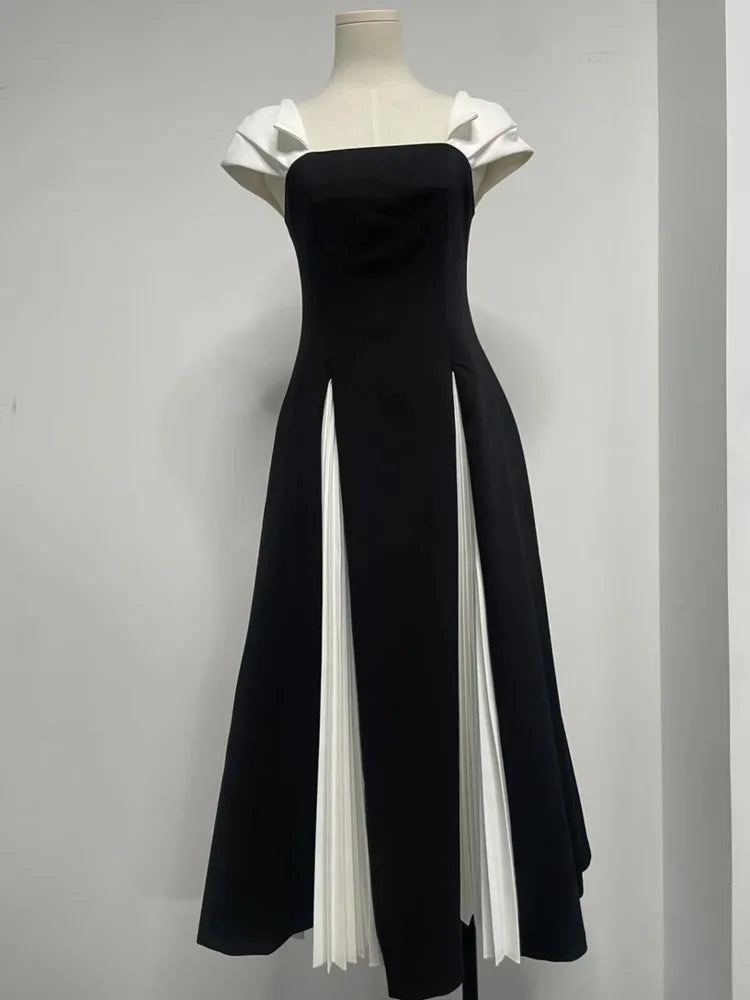 Elegant Square Collar Backless High Waist Pleated Patchwork Evening Midi Dresses
