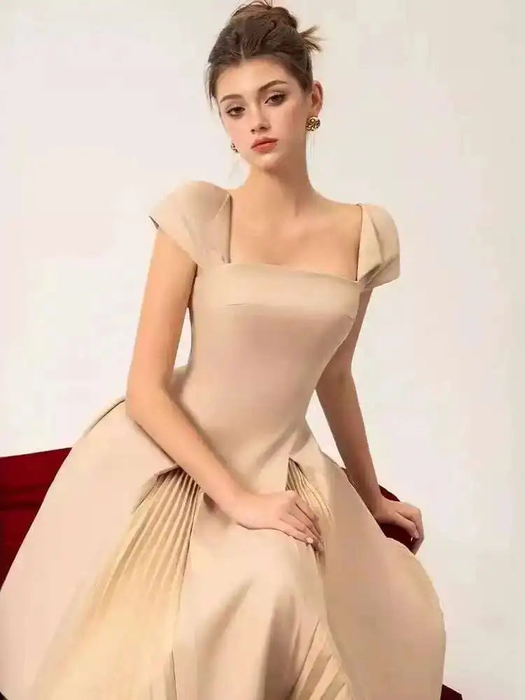 Elegant Square Collar Backless High Waist Pleated Patchwork Evening Midi Dresses