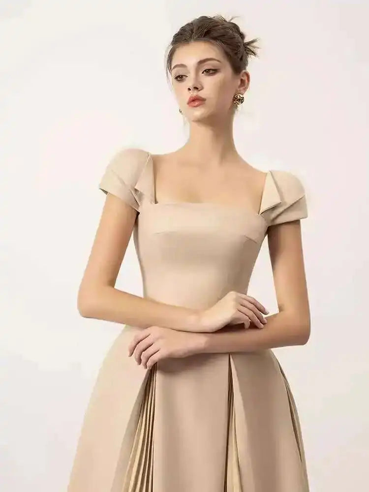 Elegant Square Collar Backless High Waist Pleated Patchwork Evening Midi Dresses