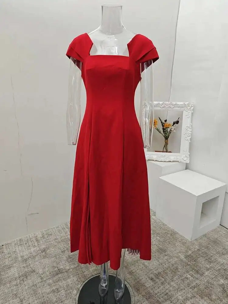 Elegant Square Collar Backless High Waist Pleated Patchwork Evening Midi Dresses