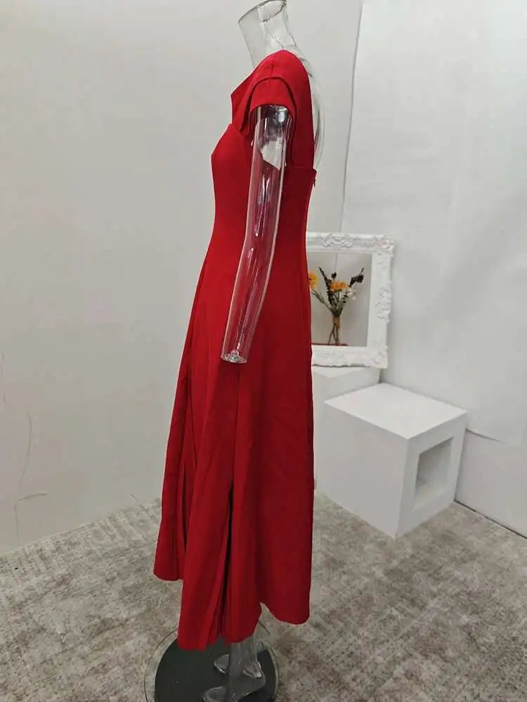 Elegant Square Collar Backless High Waist Pleated Patchwork Evening Midi Dresses