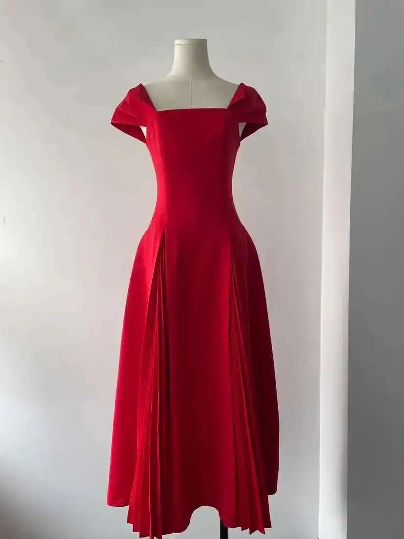 Elegant Square Collar Backless High Waist Pleated Patchwork Evening Midi Dresses