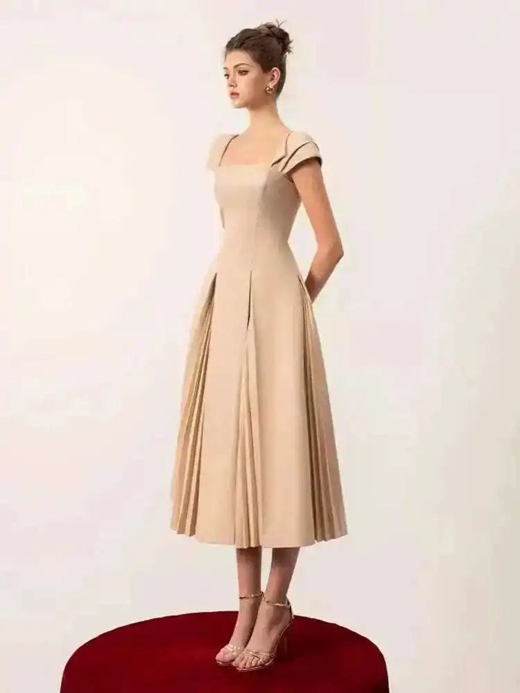 Elegant Square Collar Backless High Waist Pleated Patchwork Evening Midi Dresses