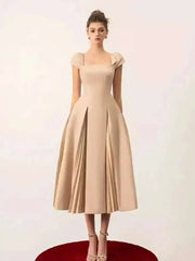 Elegant Square Collar Backless High Waist Pleated Patchwork Evening Midi Dresses