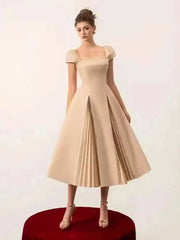 Elegant Square Collar Backless High Waist Pleated Patchwork Evening Midi Dresses