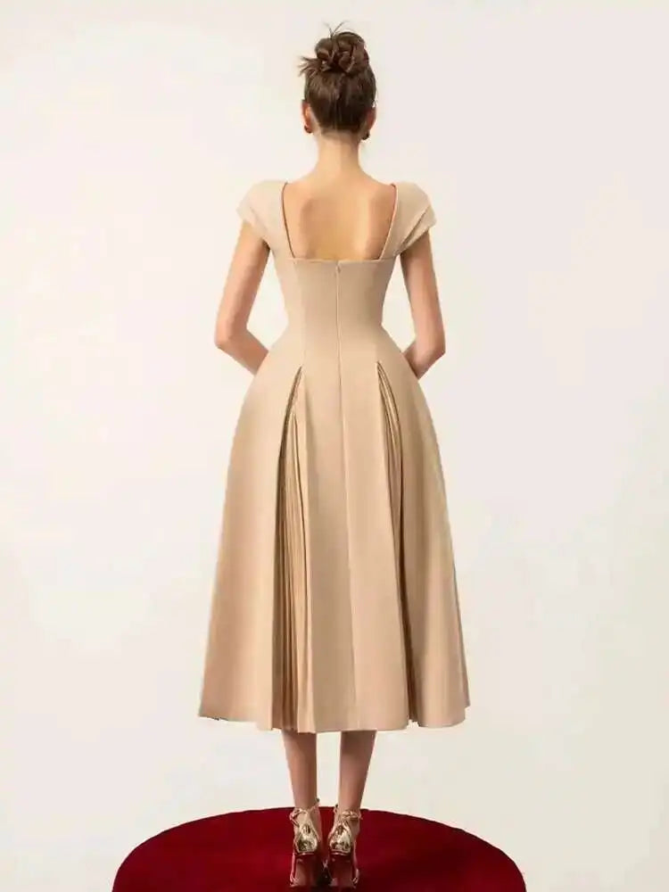 Elegant Square Collar Backless High Waist Pleated Patchwork Evening Midi Dresses