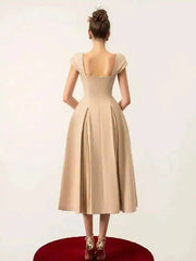 Elegant Square Collar Backless High Waist Pleated Patchwork Evening Midi Dresses