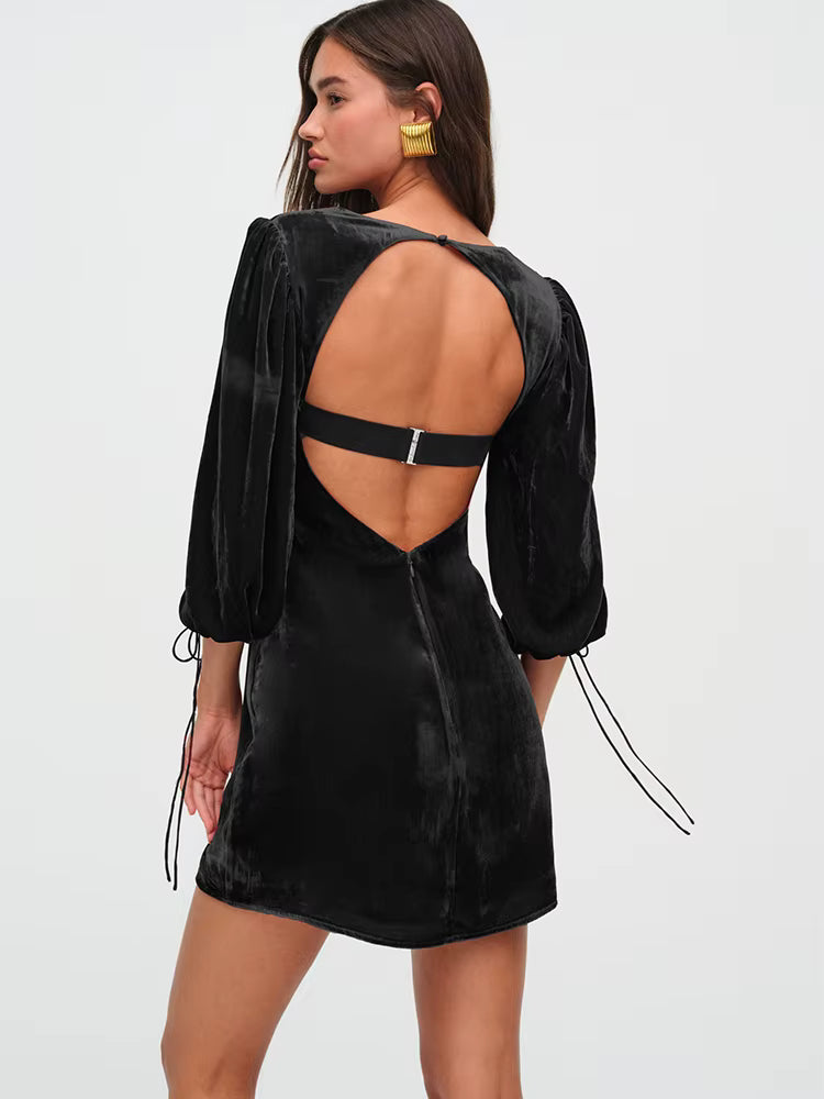 Elegant Square Collar Backless Three Quarter Lace Up Long Sleeve Dress