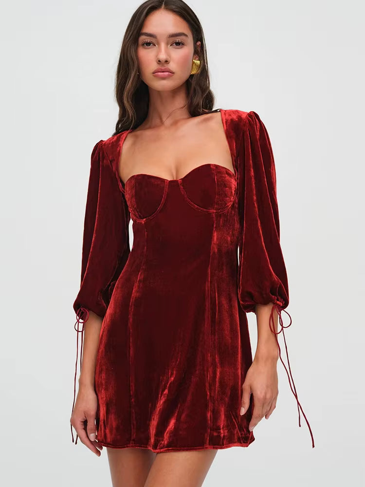 Elegant Square Collar Backless Three Quarter Lace Up Long Sleeve Dress