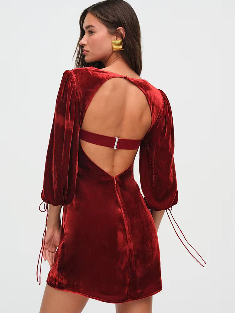 Elegant Square Collar Backless Three Quarter Lace Up Long Sleeve Dress