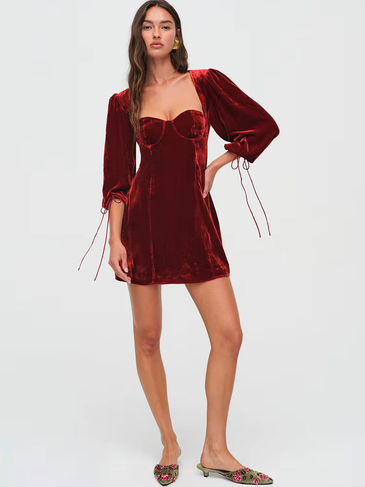 Elegant Square Collar Backless Three Quarter Lace Up Long Sleeve Dress