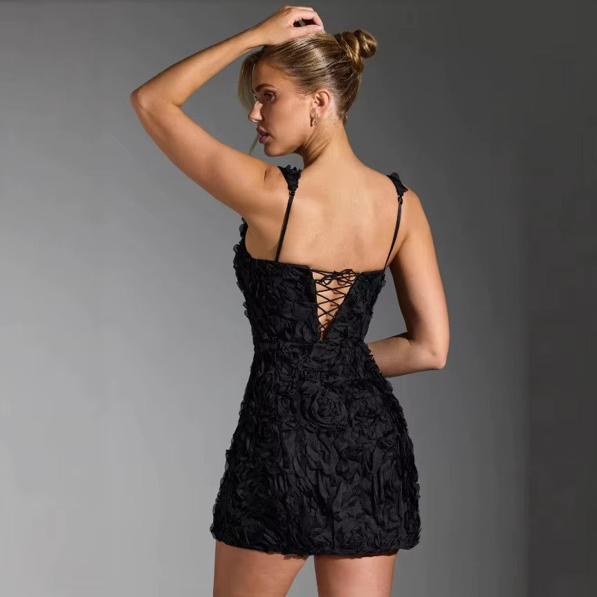Elegant Square Collar Dimensional Flower Suspender Mini Dress