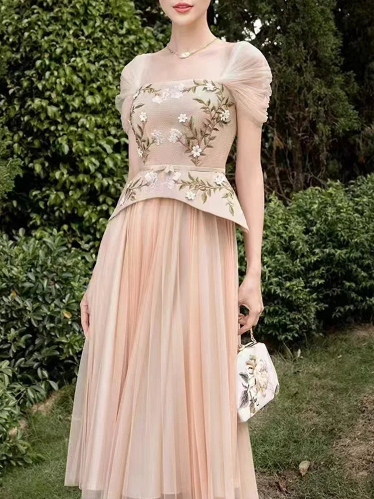 Elegant Square Collar Embroidery Three Dimensional Flower Nail Bead Splicing Mesh Pleated Midi Dress