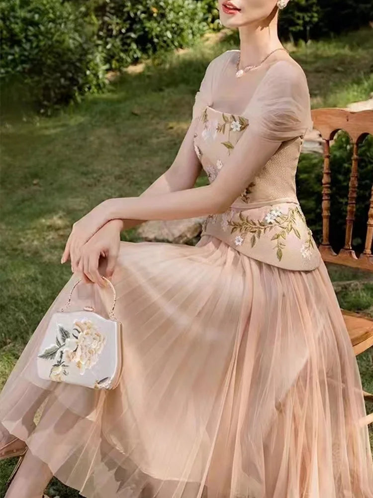 Elegant Square Collar Embroidery Three Dimensional Flower Nail Bead Splicing Mesh Pleated Midi Dress
