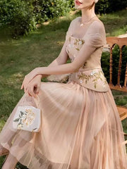 Elegant Square Collar Embroidery Three Dimensional Flower Nail Bead Splicing Mesh Pleated Midi Dress