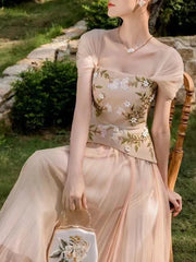 Elegant Square Collar Embroidery Three Dimensional Flower Nail Bead Splicing Mesh Pleated Midi Dress