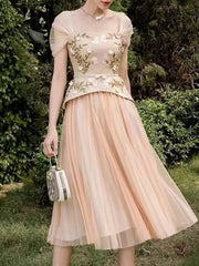 Elegant Square Collar Embroidery Three Dimensional Flower Nail Bead Splicing Mesh Pleated Midi Dress