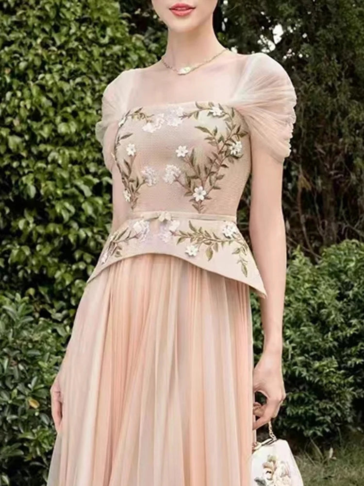 Elegant Square Collar Embroidery Three Dimensional Flower Nail Bead Splicing Mesh Pleated Midi Dress