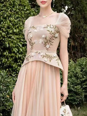 Elegant Square Collar Embroidery Three Dimensional Flower Nail Bead Splicing Mesh Pleated Midi Dress