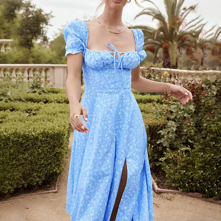 Elegant Square Collar Puff Sleeve Floral Printed Long Maxi Dresses