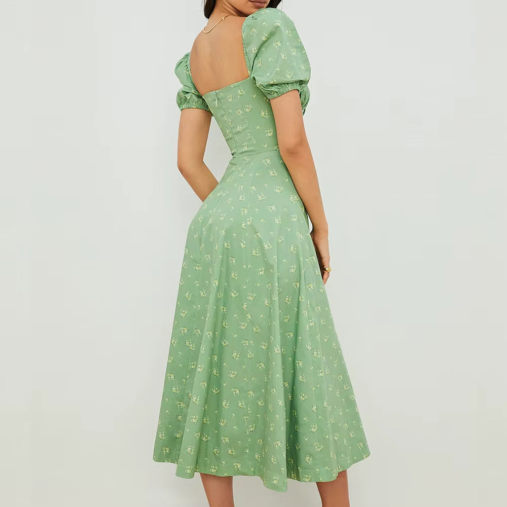 Elegant Square Collar Puff Sleeve Floral Printed Long Maxi Dresses